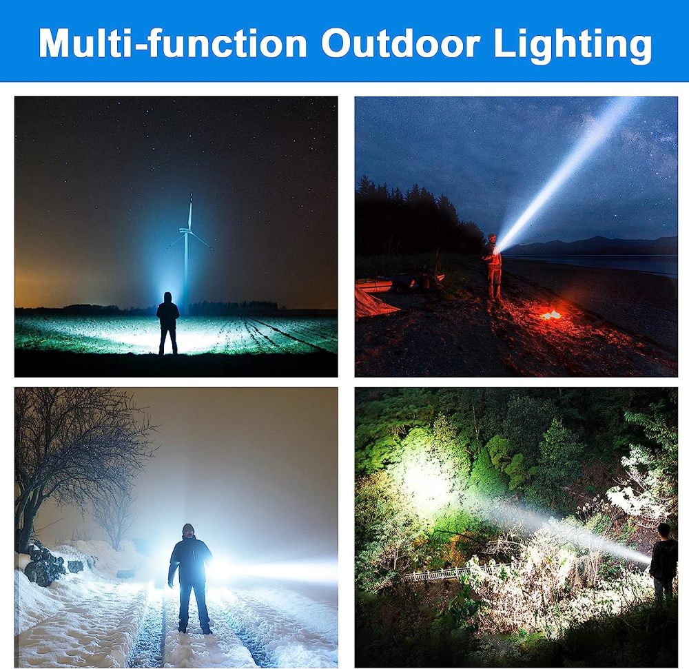 BIGSUN Bright Rechargeable Flashlight, Handheld 12800mAh High Power LED Spotlight Power Display Searchlight with Lantern and Power Bank Function for Home Security, Camping, Boating, Hunting