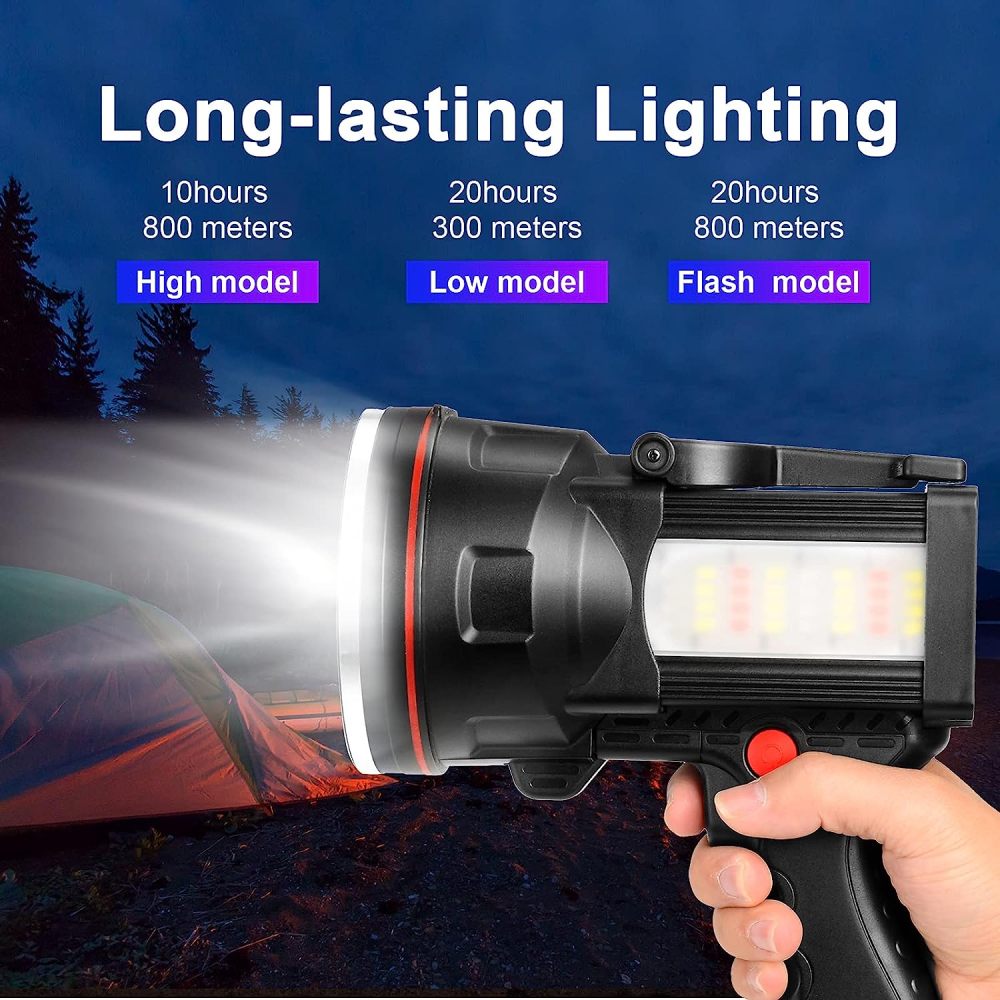 BIGSUN Bright Rechargeable Flashlight, Handheld 12800mAh High Power LED Spotlight Power Display Searchlight with Lantern and Power Bank Function for Home Security, Camping, Boating, Hunting
