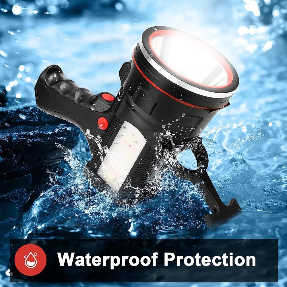 BIGSUN Bright Rechargeable Flashlight, Handheld 12800mAh High Power LED Spotlight Power Display Searchlight with Lantern and Power Bank Function for Home Security, Camping, Boating, Hunting