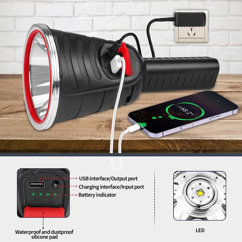 Hunting friends High Power Handheld Spotlight Rechargeable LED Flashlights Waterproof Searchlight with Battery Indicator Rechargeable Torch Flashlight (White Light)