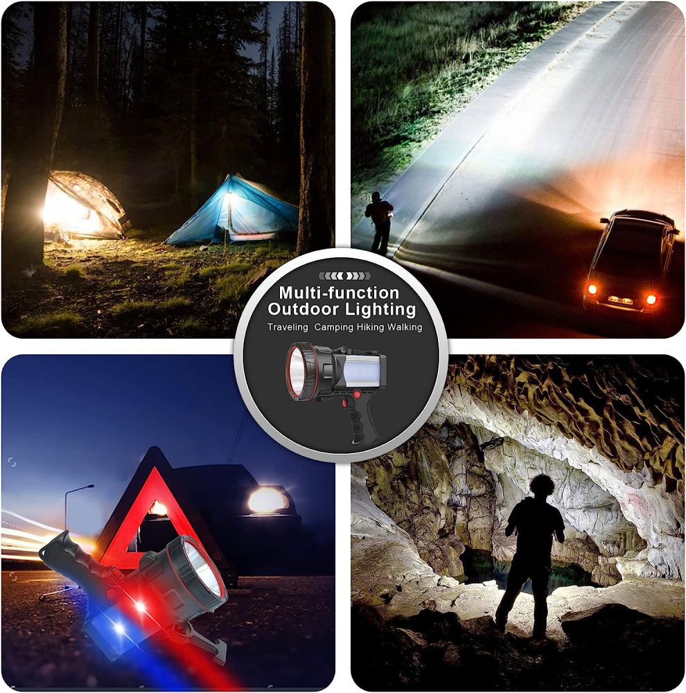 BIGSUN Super Bright Rechargeable Spotlight 160000 lumens Led Flashlight High Power Waterproof Handheld Searchlight with Lantern and 9600mAh Power Bank for Home Security, Camping, Boating, Hunting