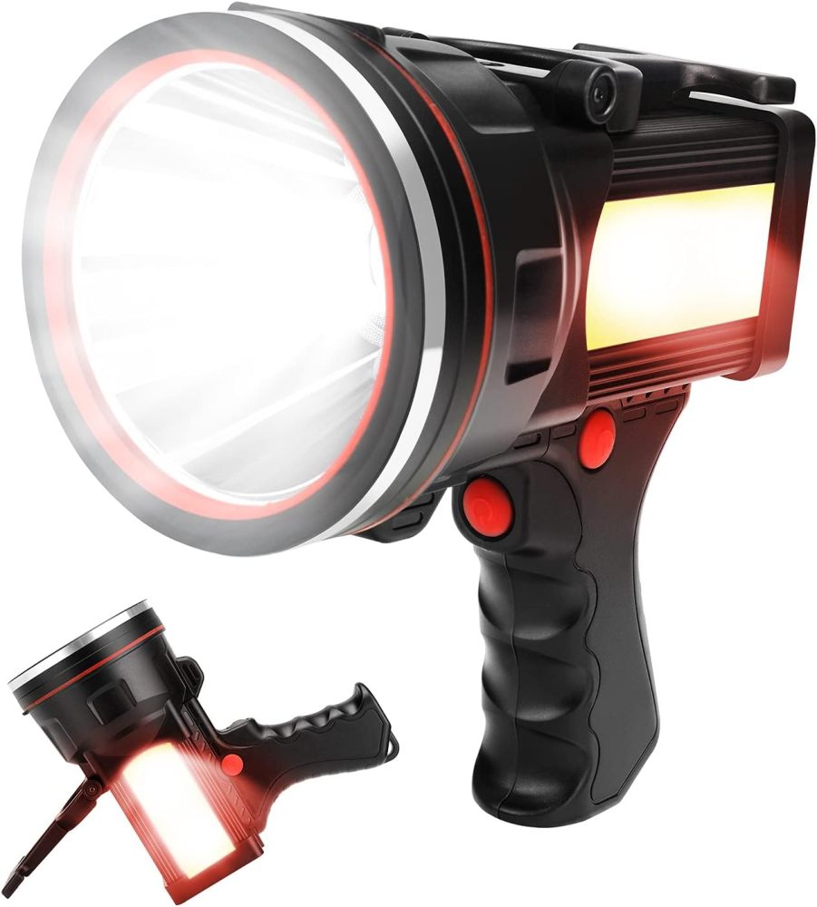 BIGSUN Bright Rechargeable Flashlight, Handheld 12800mAh High Power LED Spotlight Power Display Searchlight with Lantern and Power Bank Function for Home Security, Camping, Boating, Hunting