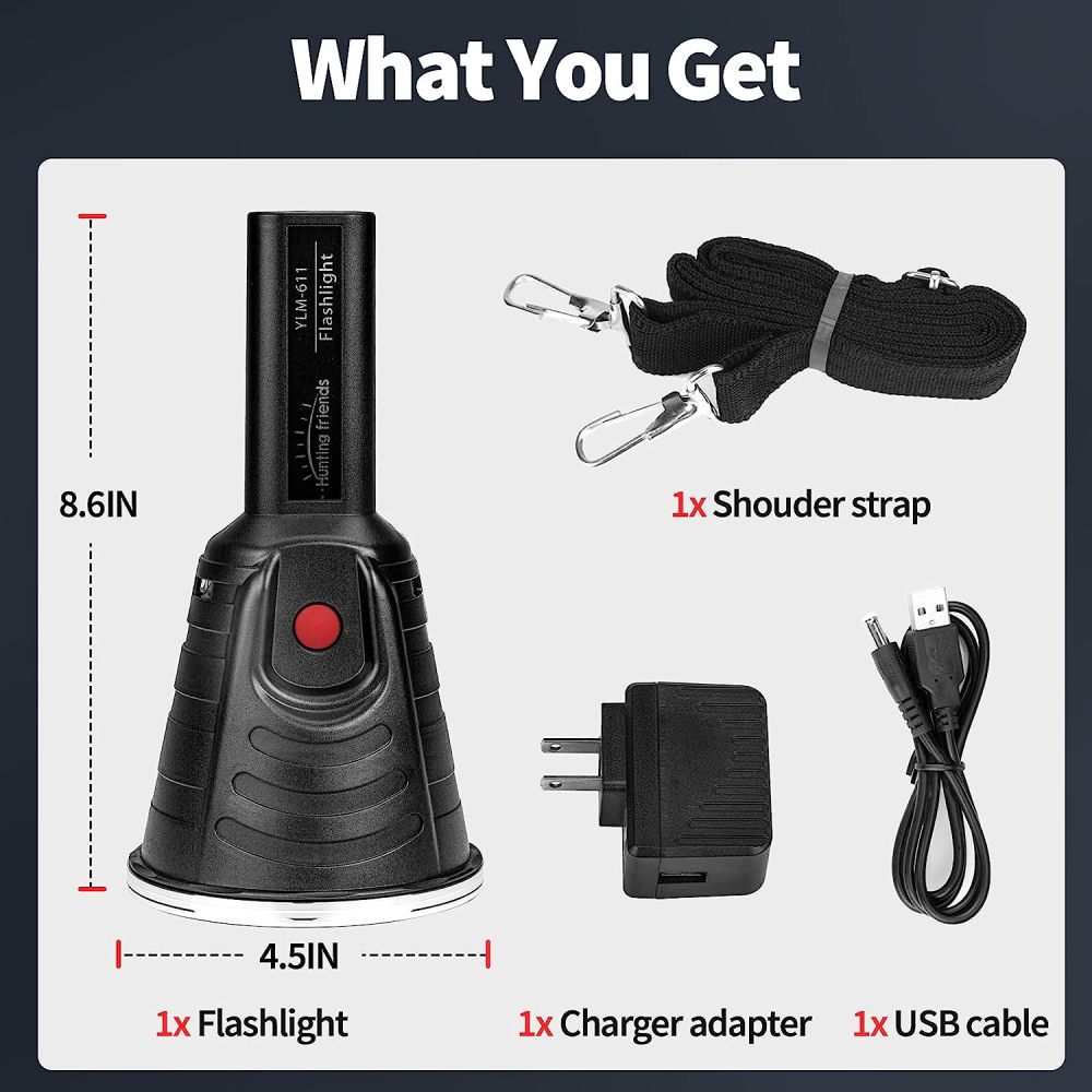 Hunting friends High Power Handheld Spotlight Rechargeable LED Flashlights Waterproof Searchlight with Battery Indicator Rechargeable Torch Flashlight (White Light)