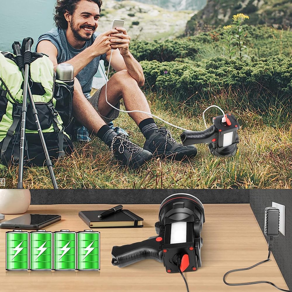 BIGSUN Bright Rechargeable Flashlight, Handheld 12800mAh High Power LED Spotlight Power Display Searchlight with Lantern and Power Bank Function for Home Security, Camping, Boating, Hunting