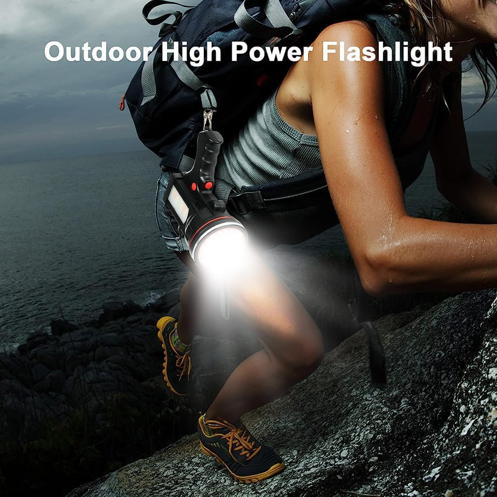 BIGSUN Bright Rechargeable Flashlight, Handheld 12800mAh High Power LED Spotlight Power Display Searchlight with Lantern and Power Bank Function for Home Security, Camping, Boating, Hunting