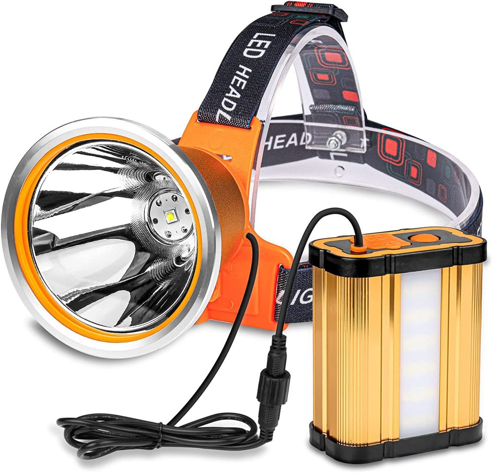 BIGSUN Superbright Bright Portable Rechargeable Headlight Powerful LED Headlamp Flashlight with 3 Light Modes External Battery Pack for Camping Biking Hunting Fishing