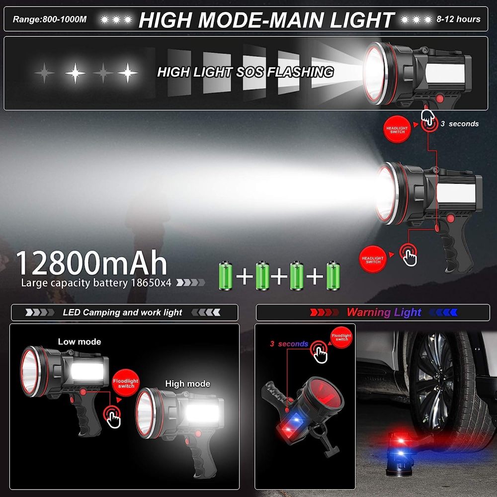 anlook Rechargeable Spotlight, Super Bright LED 2000LM Flashlight High Lumens Spotlight, 12800mAh USB Power Bank, Waterproof Spotlight Flashlights, Floodlamp Warning Lamp, Camping, Hunting Red Light