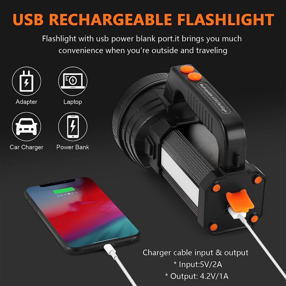 Eornmor Rechargeable Spotlight with 5 Lights Modes,Spot Lights Hand held Large Flashlight 7000 lumens Super Bright Handheld Spotlight Lightweight IPX4 Waterproof Searchlight 9000mAh (Black)