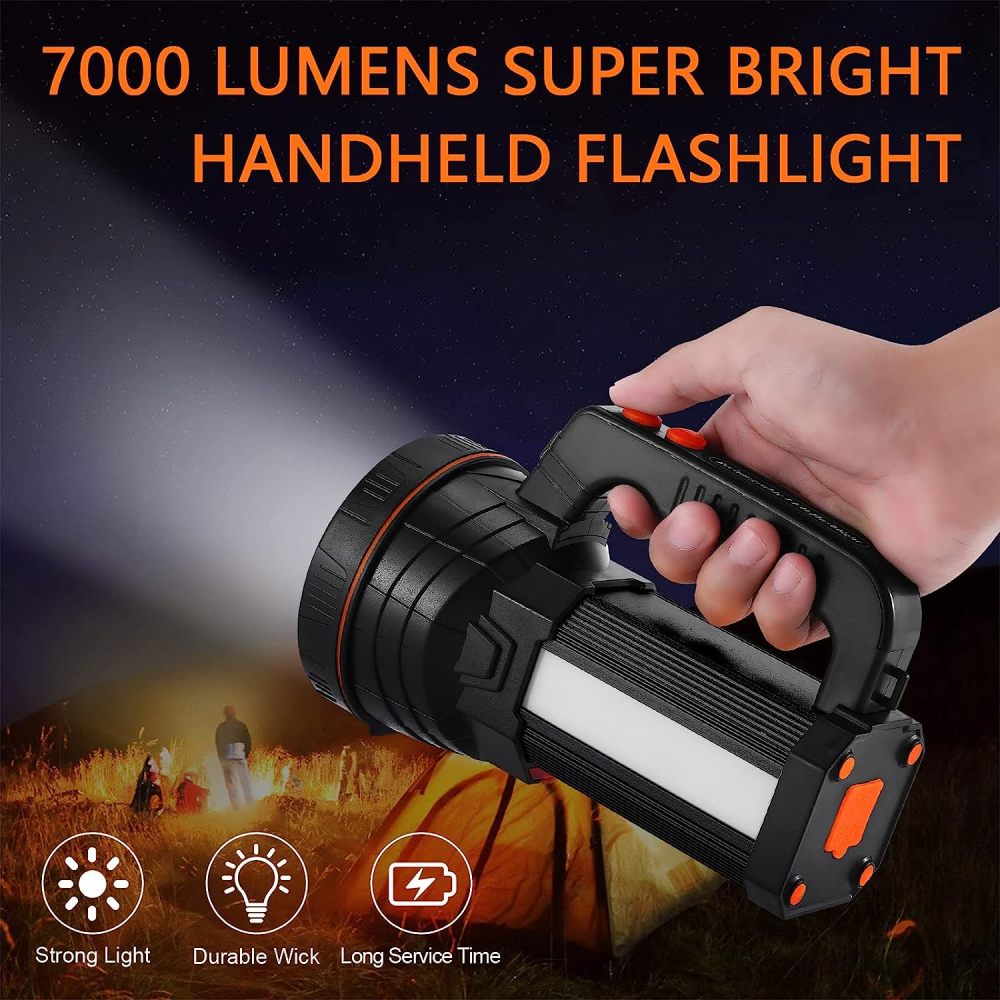 Eornmor Rechargeable Spotlight with 5 Lights Modes,Spot Lights Hand held Large Flashlight 7000 lumens Super Bright Handheld Spotlight Lightweight IPX4 Waterproof Searchlight 9000mAh (Black)