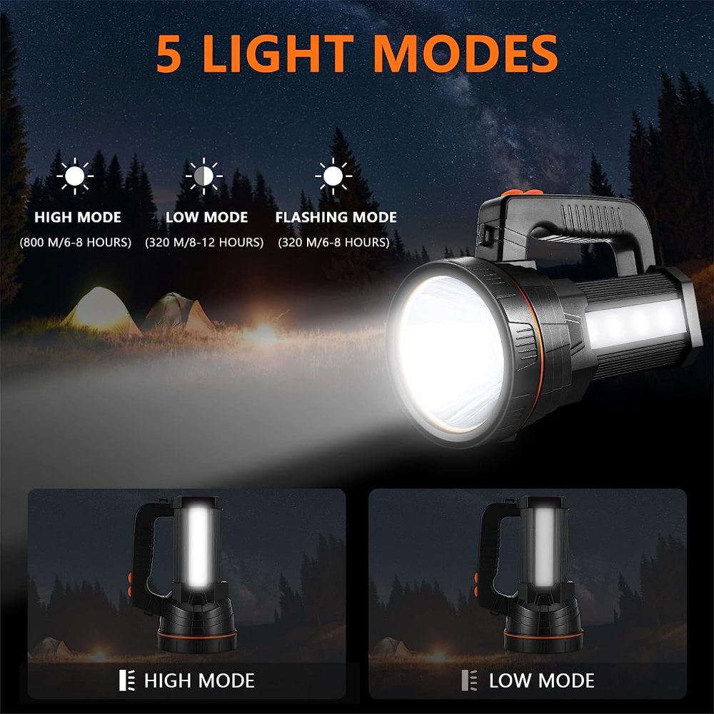 Eornmor Rechargeable Spotlight with 5 Lights Modes,Spot Lights Hand held Large Flashlight 7000 lumens Super Bright Handheld Spotlight Lightweight IPX4 Waterproof Searchlight 9000mAh (Black)