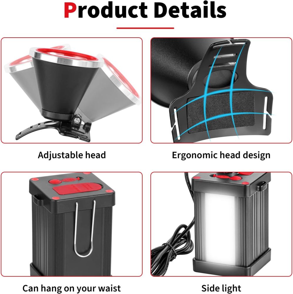 Venlon Superbright Bright LED Headlamp Powerful Portable Rechargeable Headlight Flashlight with External Side Light for Camping Biking Hunting Fishing (White Light)