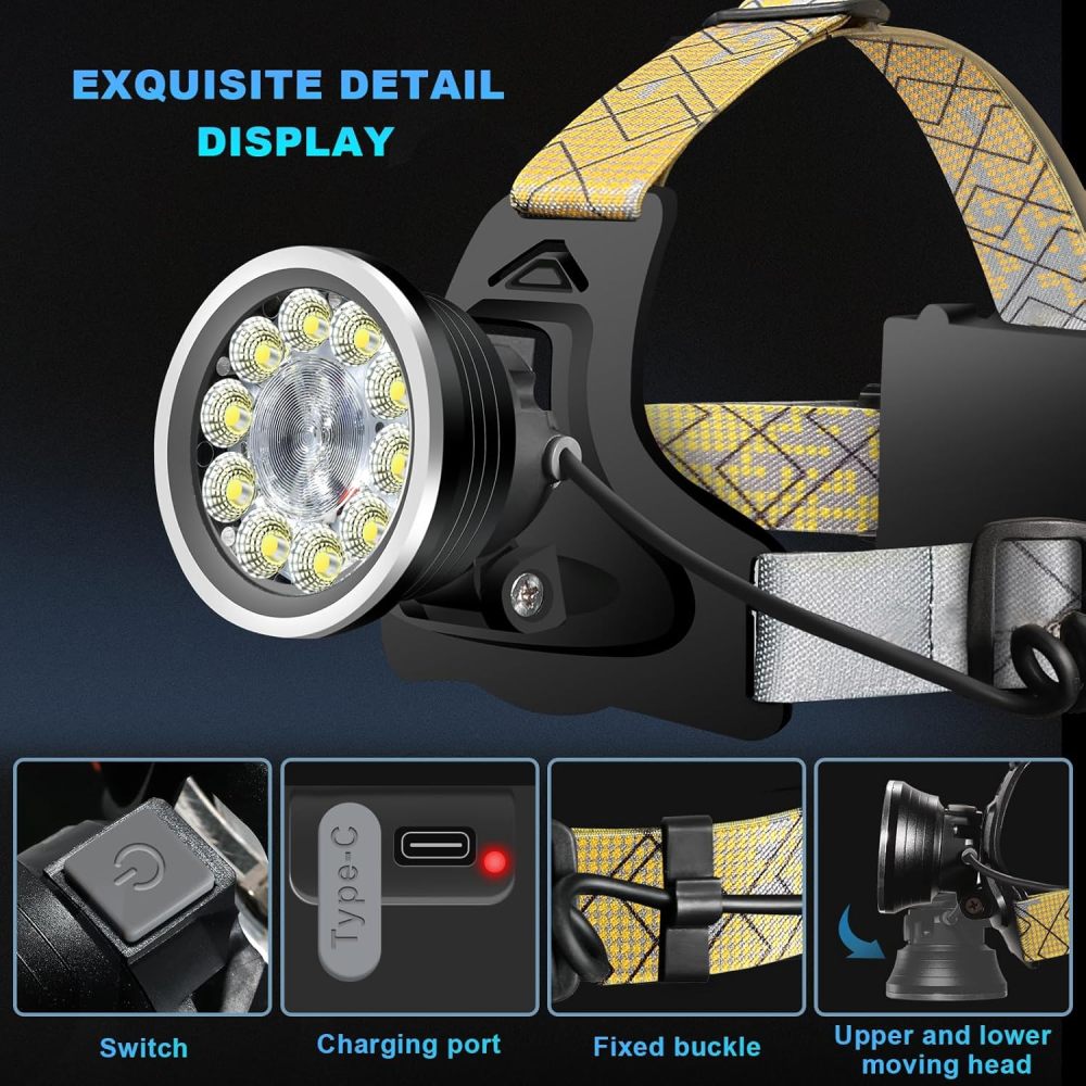 BIGSUN Headlamp Rechargeable, LED Head Lamp with 4 Modes, Front and Rear Lighting, 2000 High Lumen Bright Waterproof HeadLamps Built-in 9600 mAh Li-Ion Battery for Camping Hunting Hiking Fishing