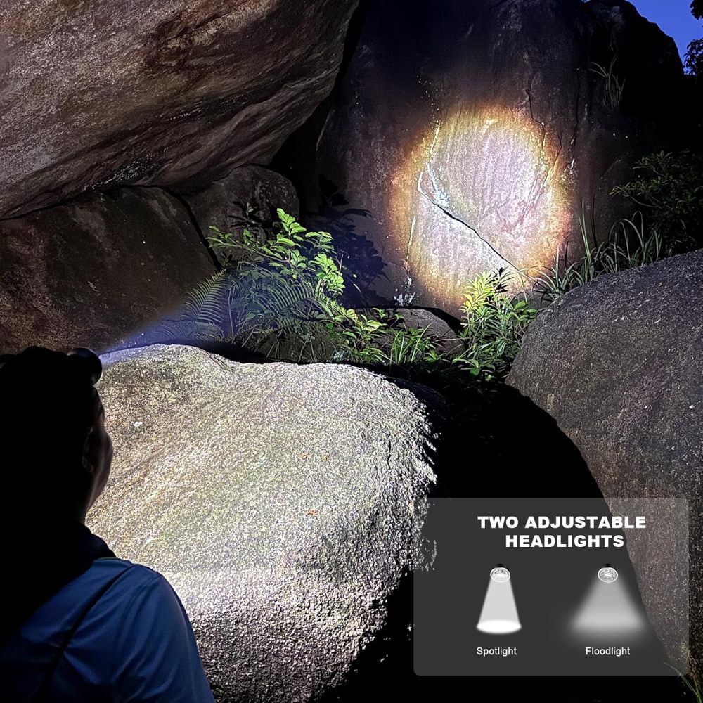 BIGSUN Headlamp Rechargeable, LED Head Lamp with 4 Modes, Front and Rear Lighting, 2000 High Lumen Bright Waterproof HeadLamps Built-in 9600 mAh Li-Ion Battery for Camping Hunting Hiking Fishing