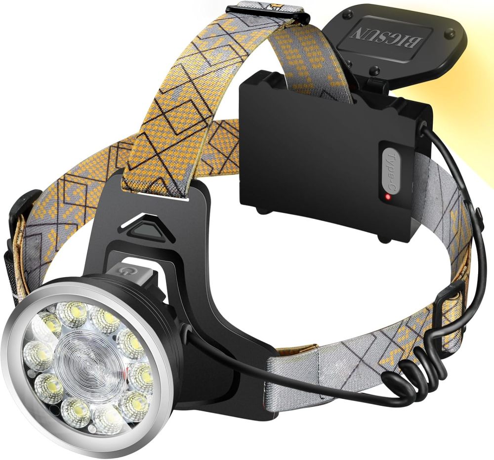 BIGSUN Headlamp Rechargeable, LED Head Lamp with 4 Modes, Front and Rear Lighting, 2000 High Lumen Bright Waterproof HeadLamps Built-in 9600 mAh Li-Ion Battery for Camping Hunting Hiking Fishing