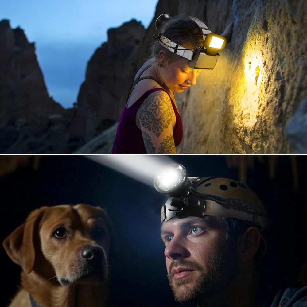 BIGSUN Headlamp Rechargeable, LED Head Lamp with 4 Modes, Front and Rear Lighting, 2000 High Lumen Bright Waterproof HeadLamps Built-in 9600 mAh Li-Ion Battery for Camping Hunting Hiking Fishing