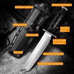 Multi-purpose function outdoor camping knife K sheath tactical wilderness camp flint LED light knife