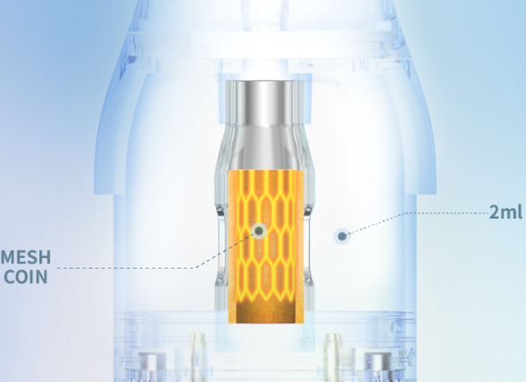 Close-up of the K08 mesh coil and 2ml pod capacity