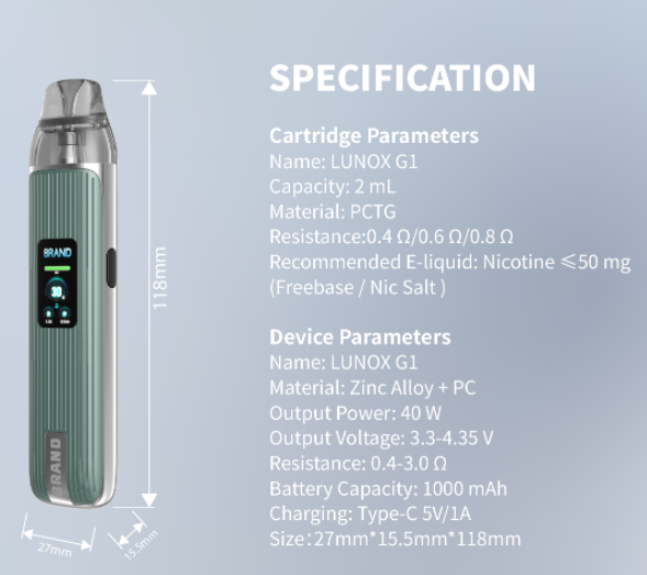 Detailed specification diagram of the K08 vape pod kit