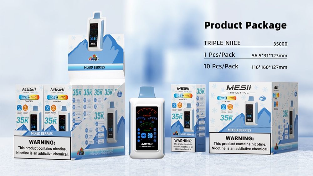 Standard retail packaging for the Mesii 35,000 Puff disposable vape