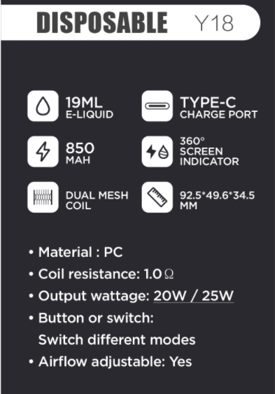 Technical specification diagram for the KIMONE Y18 35,000 Puff disposable vape platform