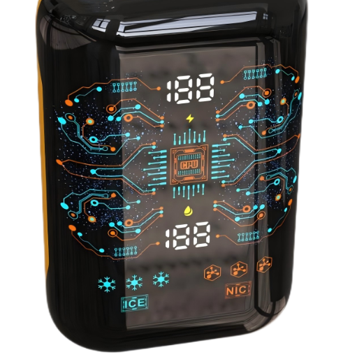 Close-up of the KIMONE Y13 full LED display showing e-liquid, battery, nicotine, and ice levels