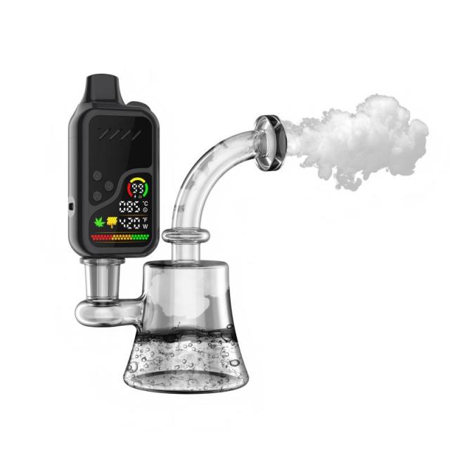 K1 vaporizer connected to glass water pipe - water filtration setup