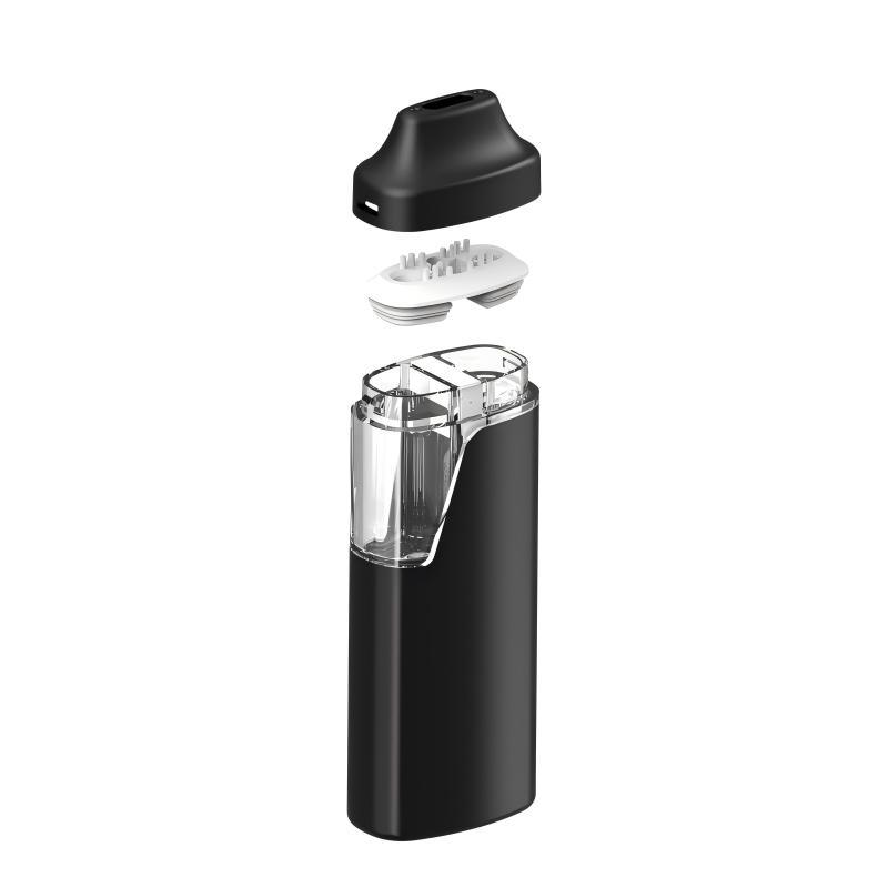 Exploded view of postless CBD vape showing separate tip and main body, no center post design for zero oil waste