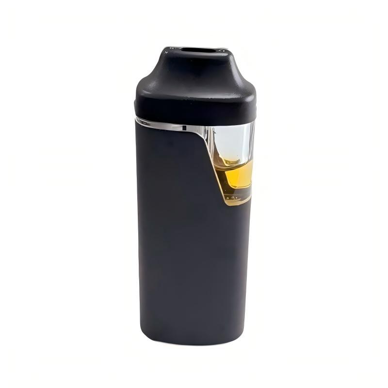 Postless CBD vape with oil visible through translucent tank, zero center post means no trapped extract, full utilization