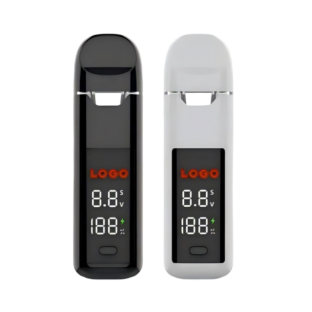 MG01 ceramic dual-coil postless vape pen with an LCD display showing battery level and voltage