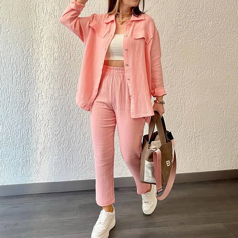 European and American women's two-piece crepe lapel long-sleeved shirt high-waisted drawstring shorts large size fashion casual suit