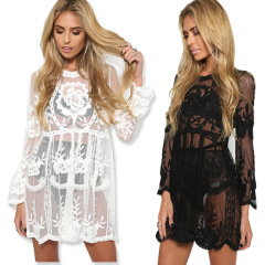 Boho chic sexy embroidered lace see-through dress with flared sleeves Seaside beach dress in stock