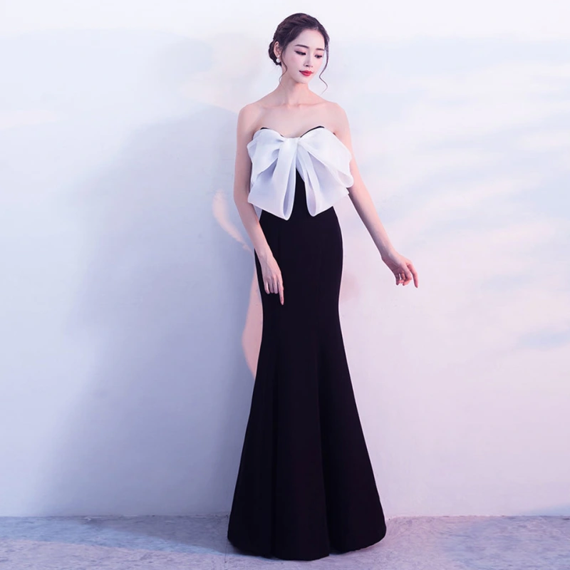 1377# Evening gown long 2018 new sexy banquet host with breast fish tail slimming short dress woman