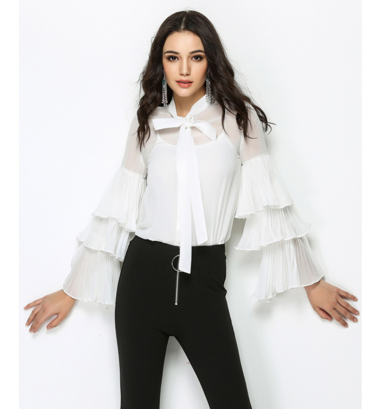 Bow tie shirt flared long sleeve autumn top women 2020 new loose autumn Korean version of everything