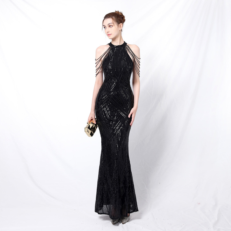 18126# New party temperament elegant long halter sequin celeb cool style Queen fishtail evening dress
