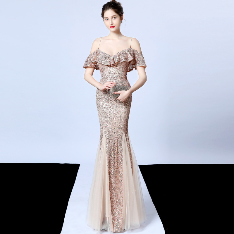 18015# Polyester thread fringe bead fishtail banquet Elegant temperament annual party hosted car model evening dress female autumn