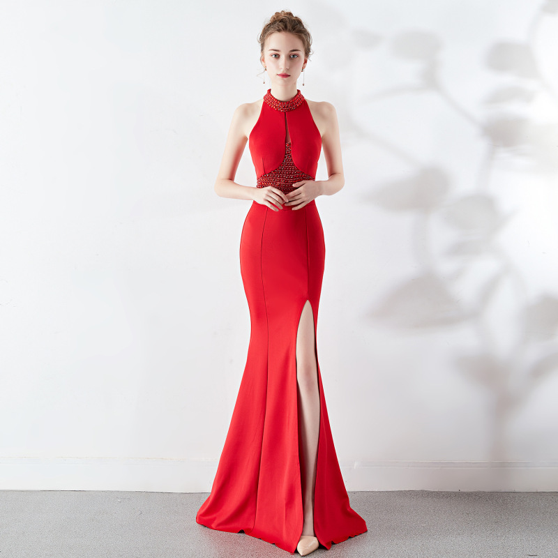 8637# Bridal Toasting 2017 Fall fashion long red fishtail halter wedding evening dress