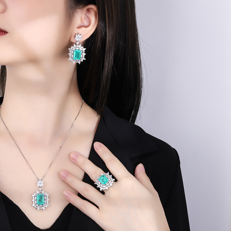 Silver needle Europe and the United States popular imitation jewelry accessories Paraiba necklace emerald earrings ring