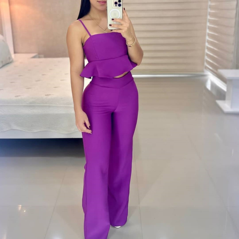 European and American women's dress 2023 new strapless halter with ruffled hem high waist straight trousers fashion casual suit