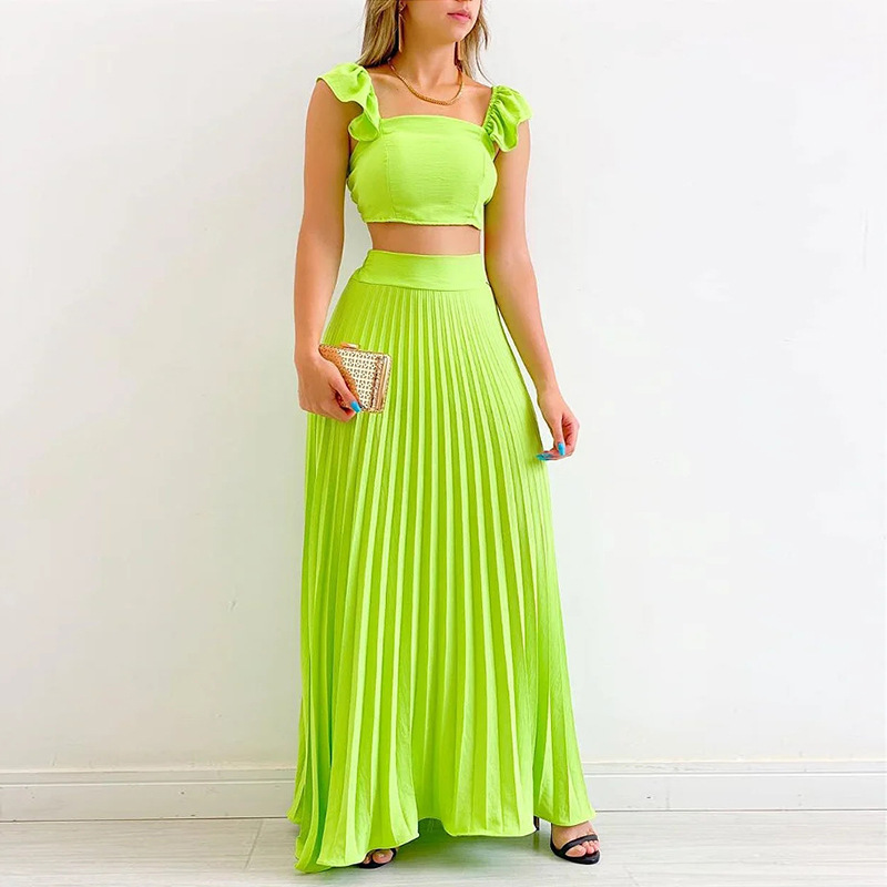 European and American women's clothing 2023 spring new solid color short vest high waist pleated half skirt fashion casual suit