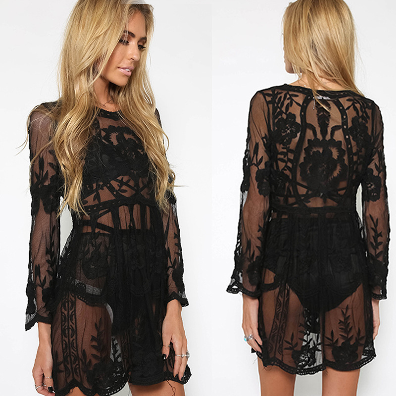 Boho chic sexy embroidered lace see-through dress with flared sleeves Seaside beach dress in stock