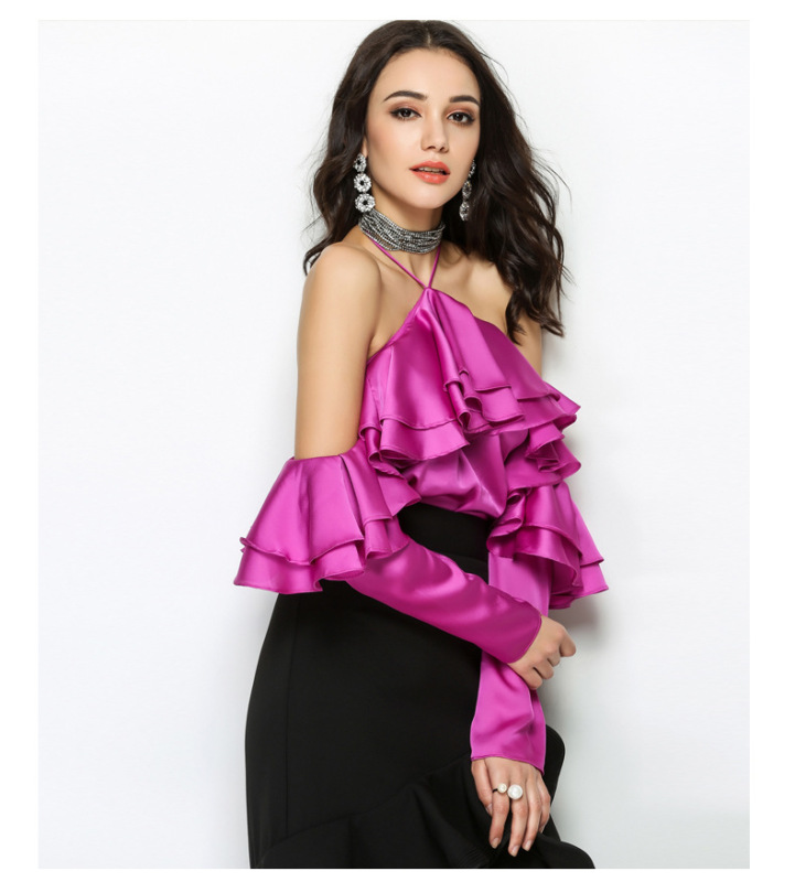 2020 autumn/summer new Korean version of women's sexy off-the-shoulder halter long-sleeved shirt casual ruffled top