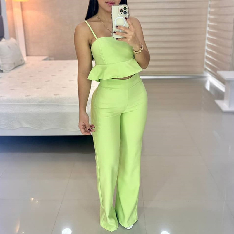 European and American women's dress 2023 new strapless halter with ruffled hem high waist straight trousers fashion casual suit