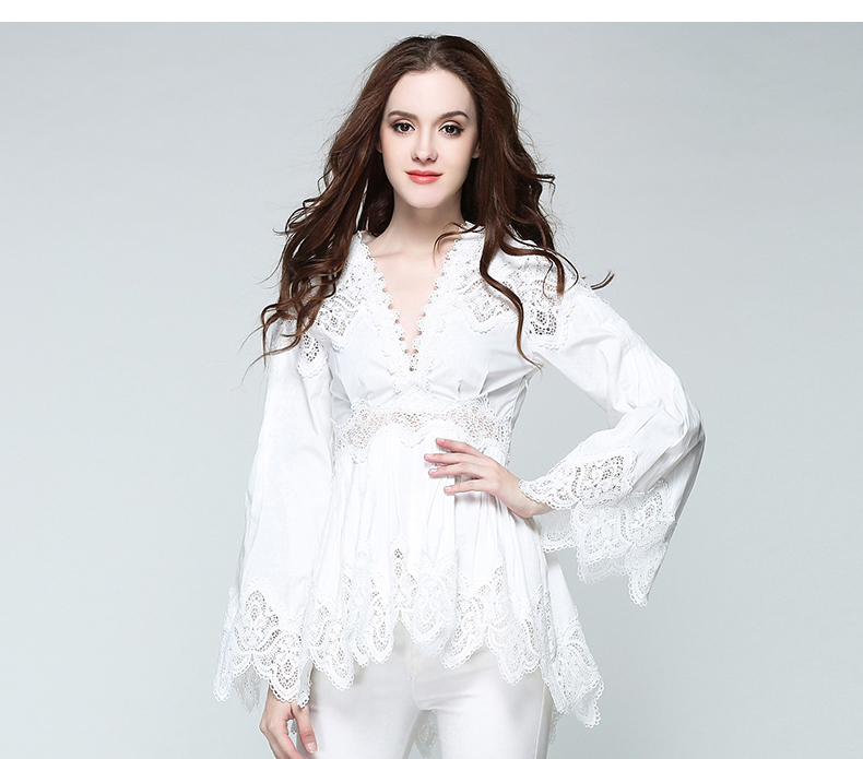 2020 Spring and autumn new Europe and the United States deep v slim hollow long sleeve blouse women's solid color lace lace shirt