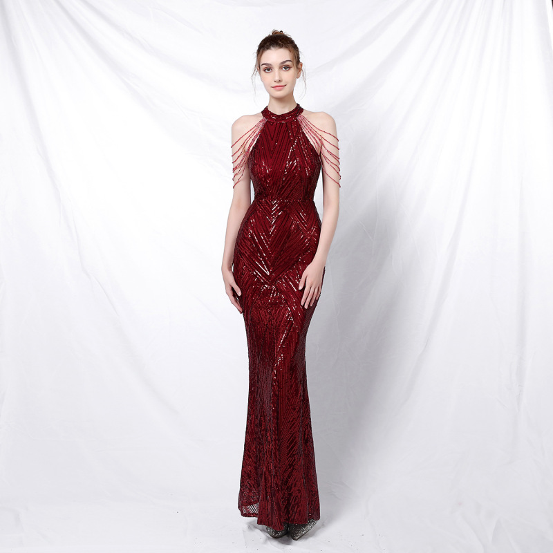 18126# New party temperament elegant long halter sequin celeb cool style Queen fishtail evening dress