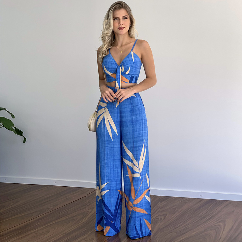 Europe and the United States foreign trade women's cross-border new casual suit printed stand collar long-sleeved shirt top wide-leg pants two-piece set