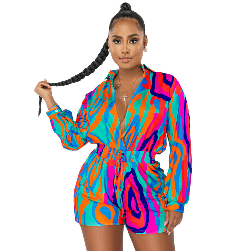 Europe and the United States women's new autumn and winter fashion printed shirt collar casual jumpsuit 20.118