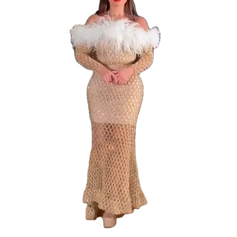 New cross-border European and American women's dress long sleeve hollow long dress sprinkled with gold feather buttock dress 22.129