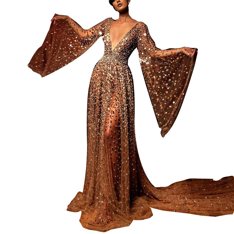 Women's new dress long sleeve deep V long skirt perspective sprinkling gold dress 24.137