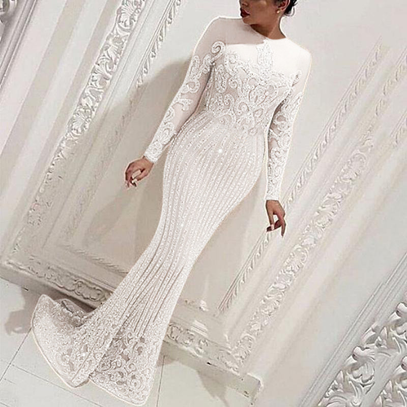 Spring and autumn new European and American women's sexy shower gold long sleeve dress ball train solid color evening gown 23.134