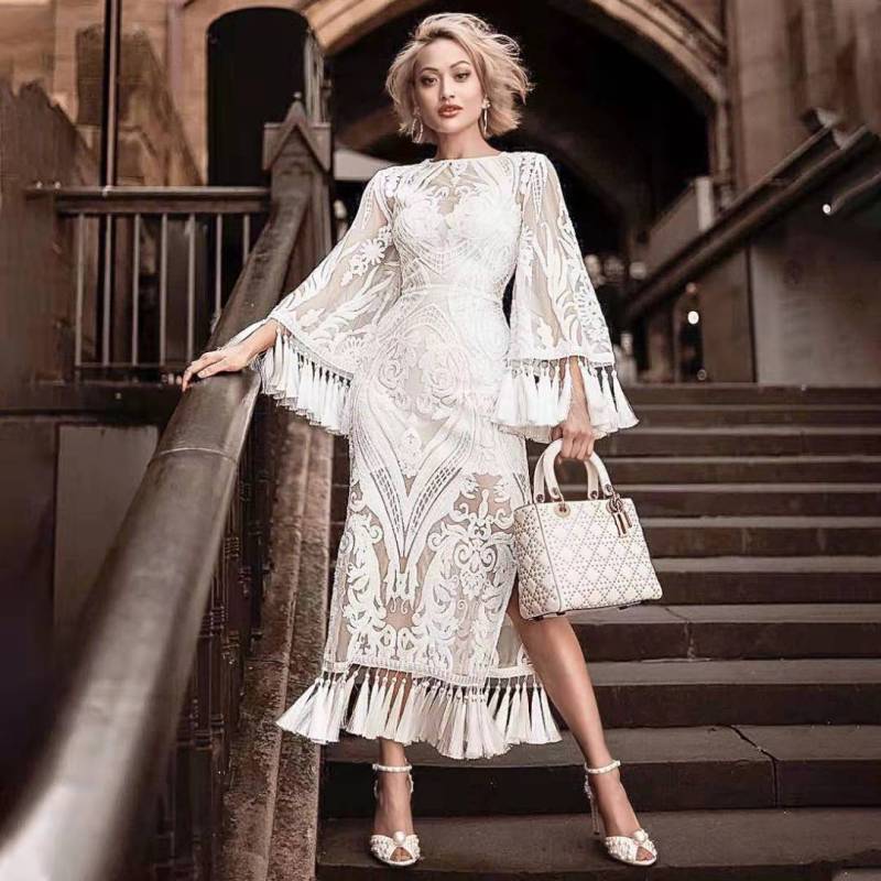 New European and American women's embroidered dress white fringe dress lace dress 25.142